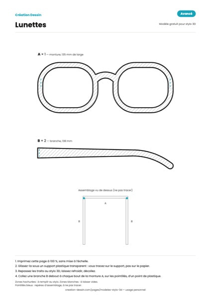 Patron de lunettes pour stylo 3D : une monture de face et une branche à tracer deux fois