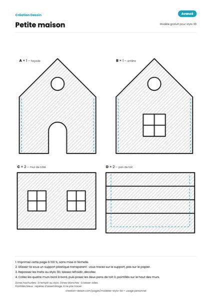 Patron de petite maison pour stylo 3D : façade, mur arrière, mur de côté et pan de toit, à plat