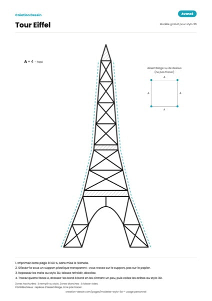 Patron de tour Eiffel pour stylo 3D : une face en treillis, à tracer quatre fois