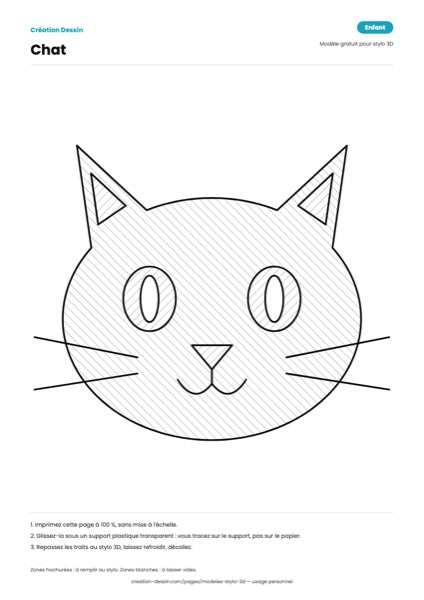 Dessin d'une tête de chat de face, traits simples, à tracer au stylo 3D