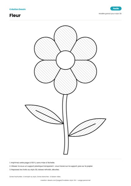 Modèle de fleur à cinq pétales avec tige et feuilles pour stylo 3D