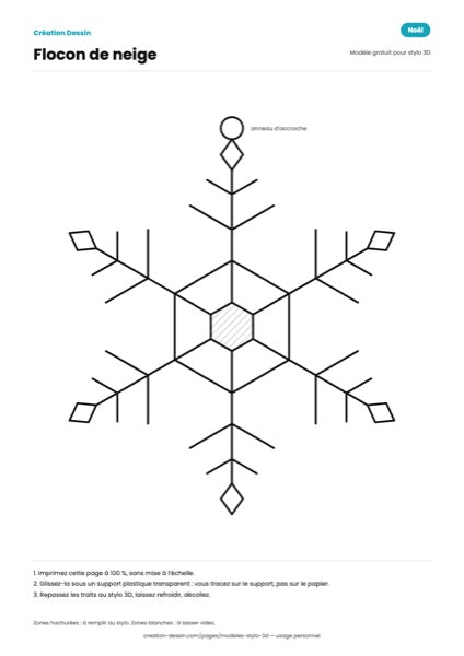 Modèle de flocon de neige à six branches, à tracer au stylo 3D et à suspendre