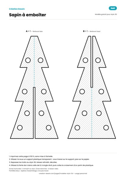 Patron de sapin de Noël pour stylo 3D : deux silhouettes à fente, à emboîter
